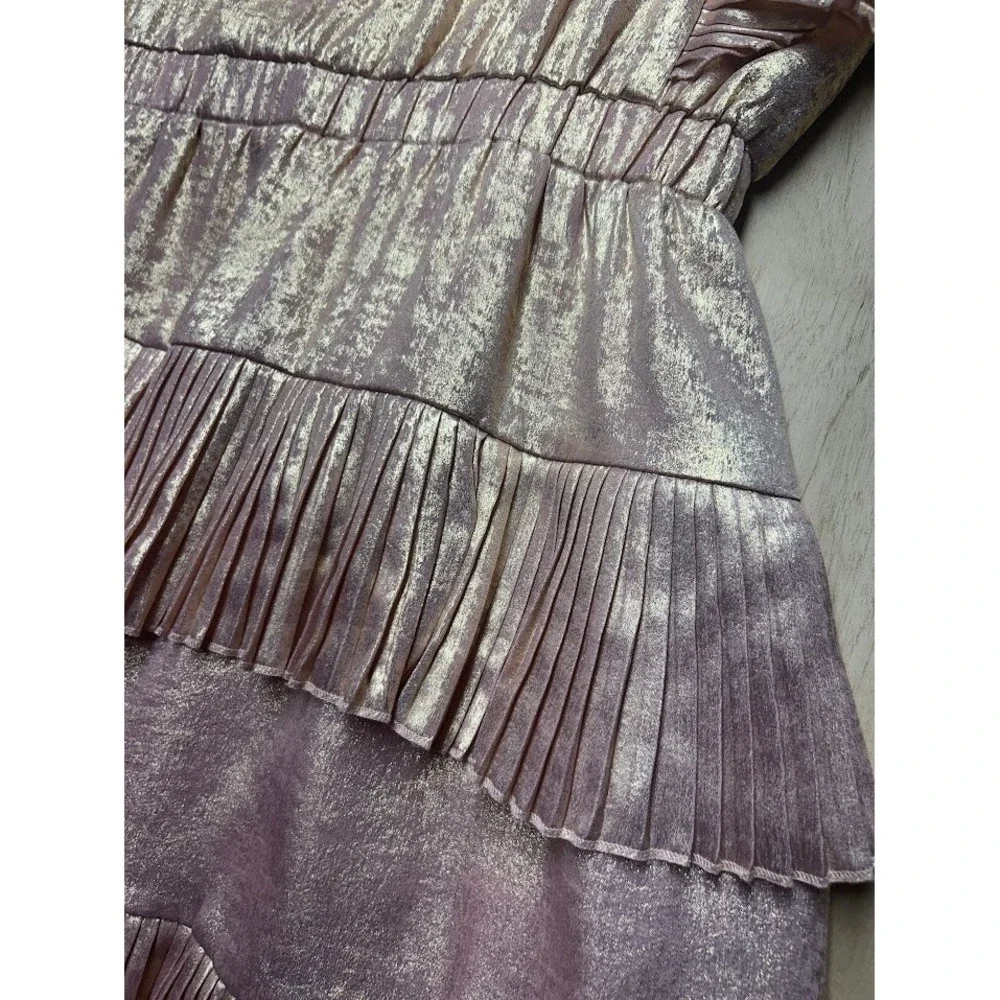 TCEC Rose Gold Metallic Pleated Tiered Ruffle Mini Dress Large - Picture 3 of 12